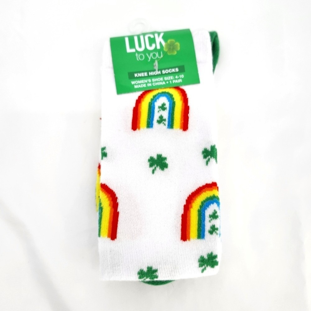 Luck To You NWT‎ Kidcore Knee High Socks Size 4-10 Rainbow Four Leaf Clover AOP